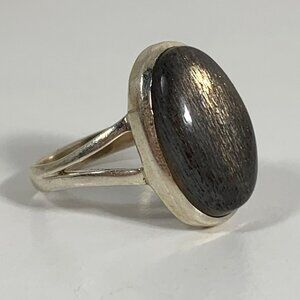 VTG Sterling Silver Ring Oval Black Obsidian Stone SZ 10 Weigh 5.94g Split Band